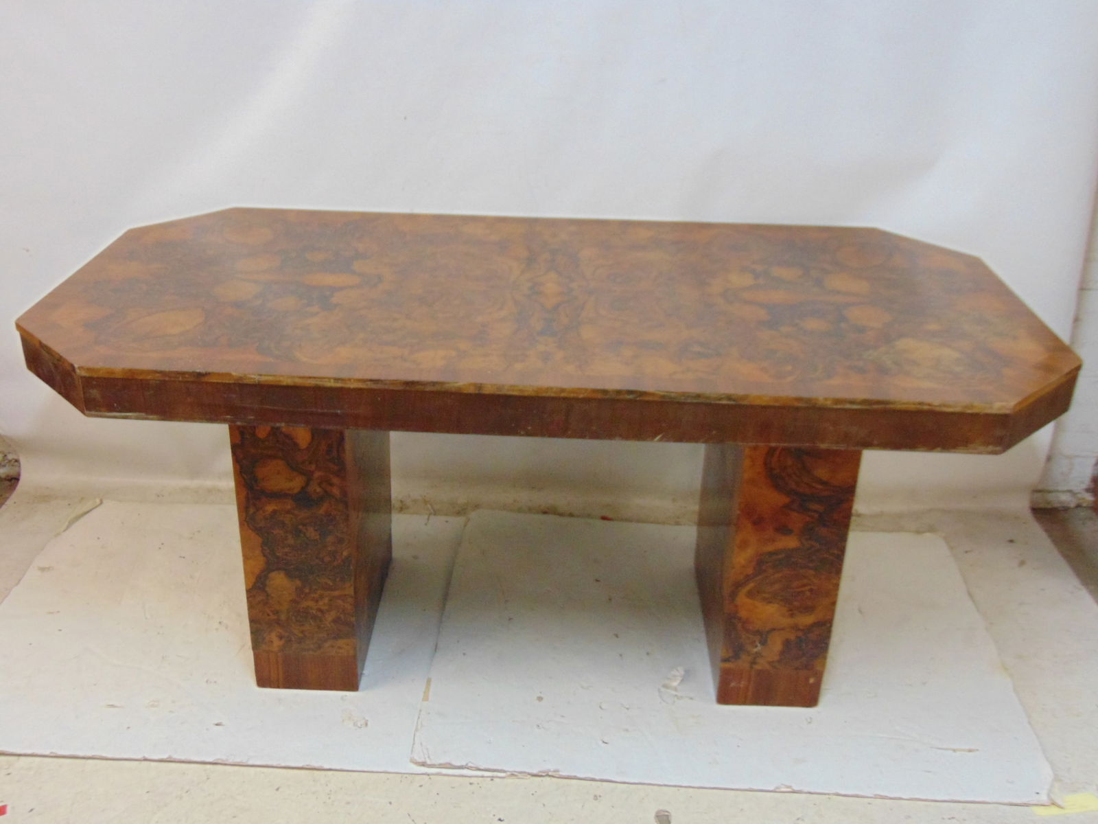 Burl wood at Deco dining table on double pedestal base, table is 72" by 36", height is 31" (1 of 4)
