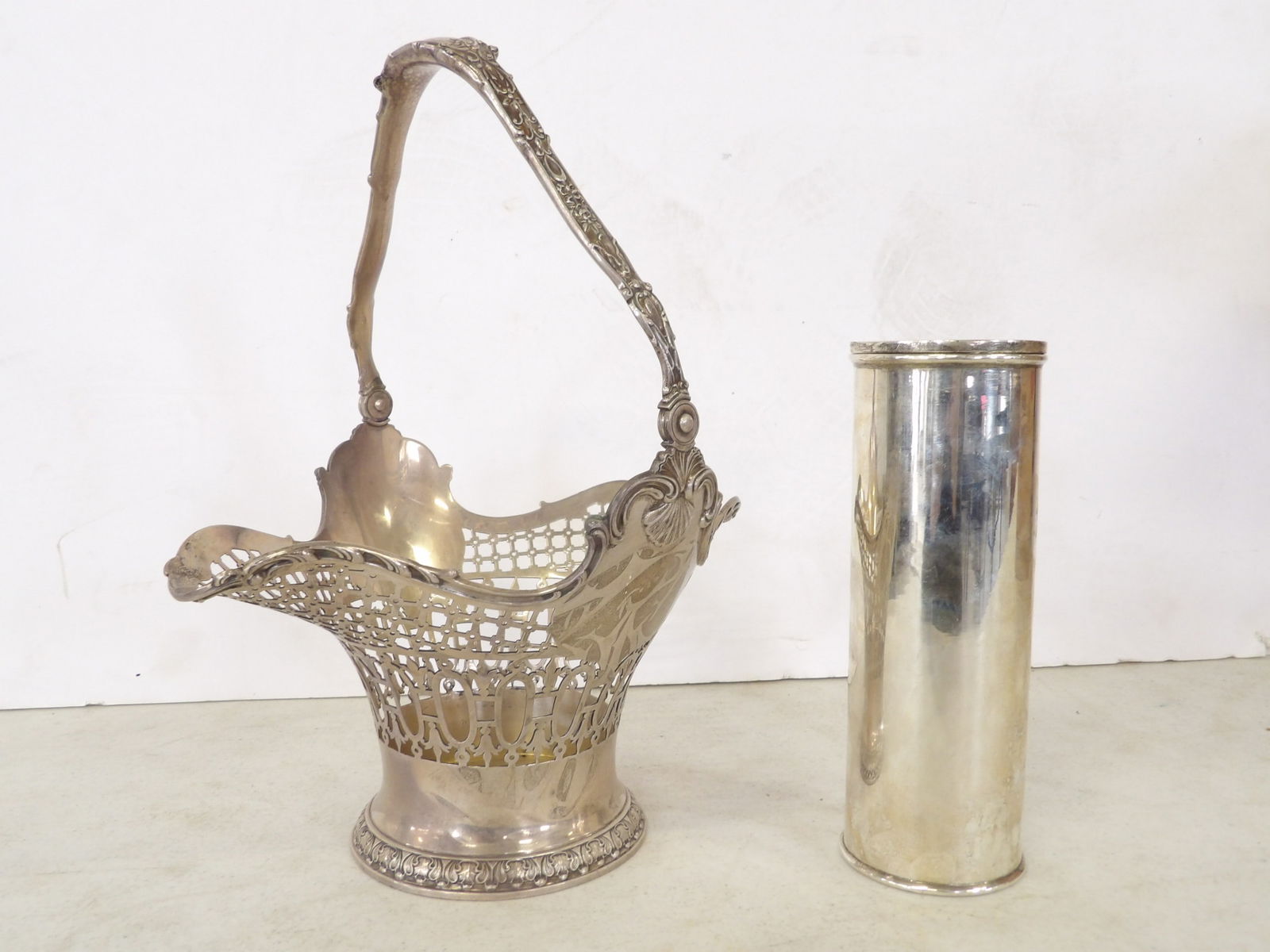 Sterling silver basket bowl & cocktail shaker, basket has handle, shaker engraved with initials etr, (1 of 4)