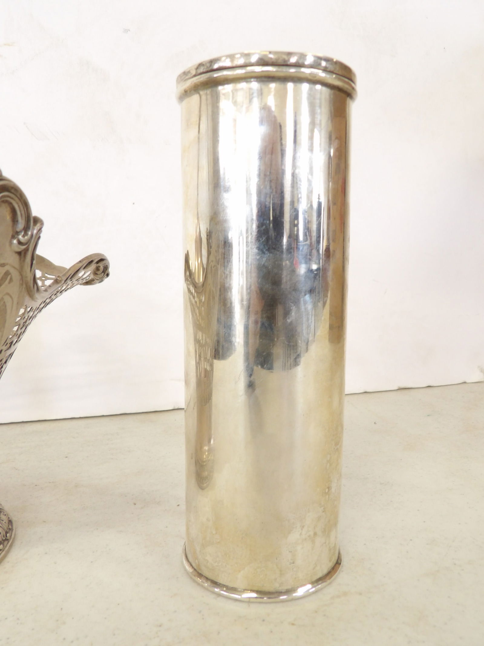 Sterling silver basket bowl & cocktail shaker, basket has handle, shaker engraved with initials etr, - 3