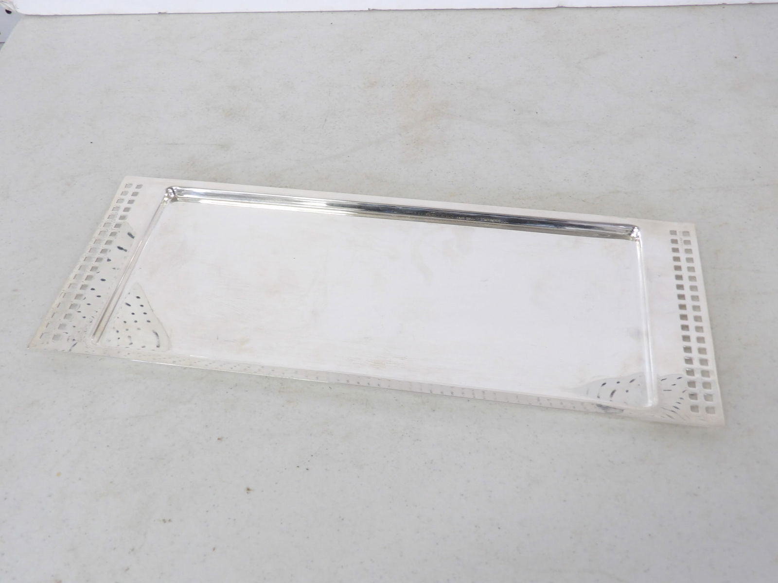 Silver plated tray by Vittorio Gregotti, signed, tray is 17 58" by 6 7/8" (1 of 3)