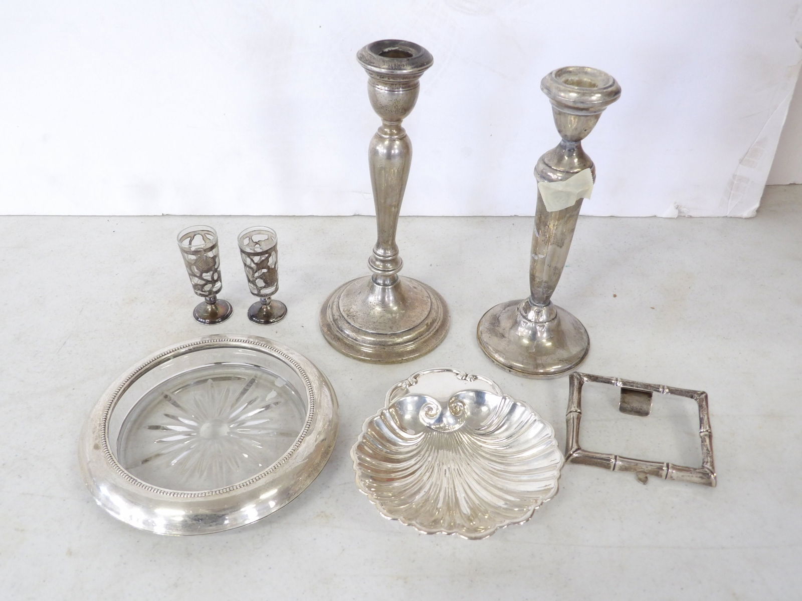Misc. silver lot, sterling dish & frame, 3.6 troy plus weighted stick, ashtray (1 of 3)