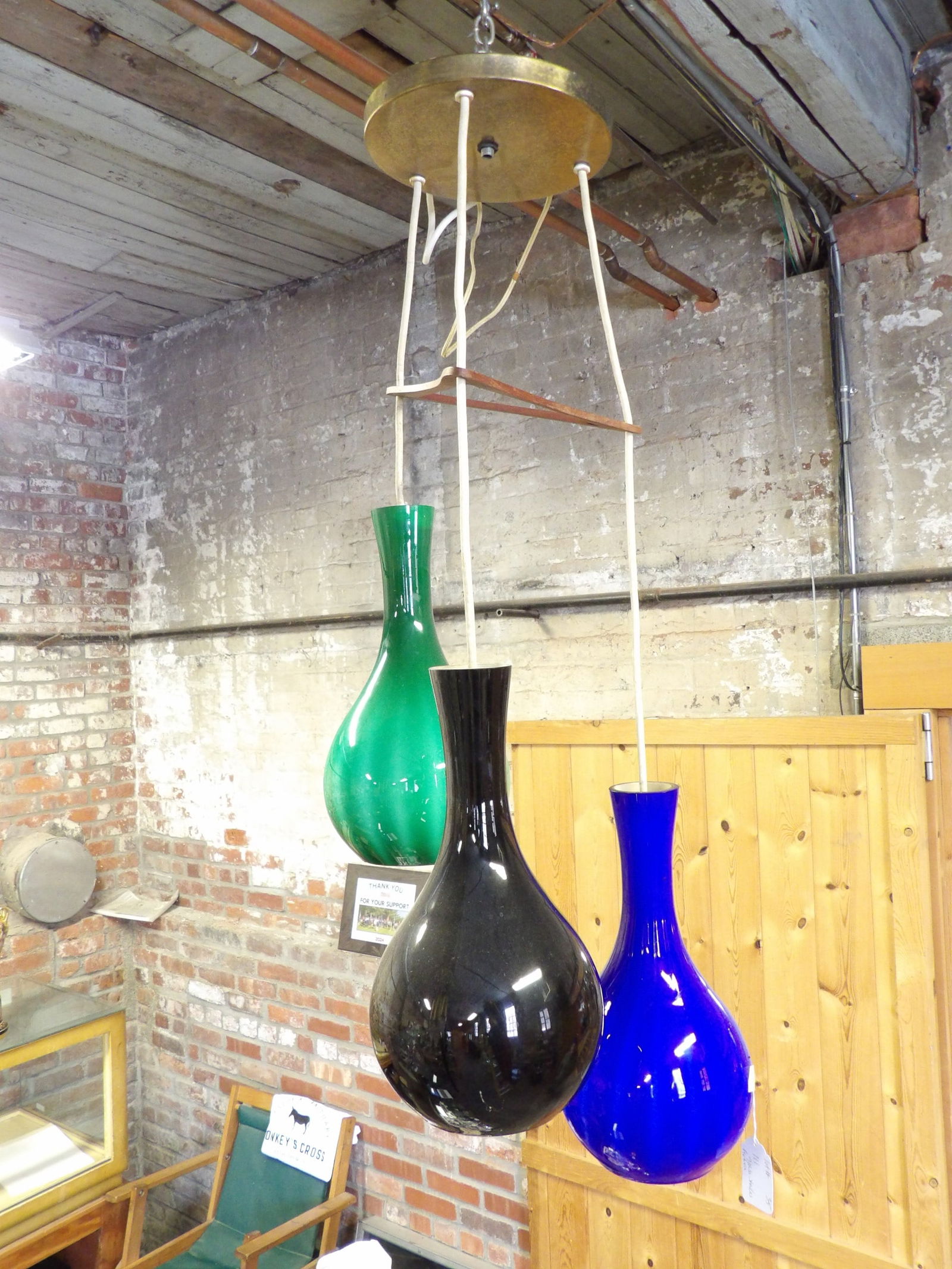 Mid Century modern hanging pendant fixture with 3 colored glass shades and teak spacer, in blue, gre (1 of 5)