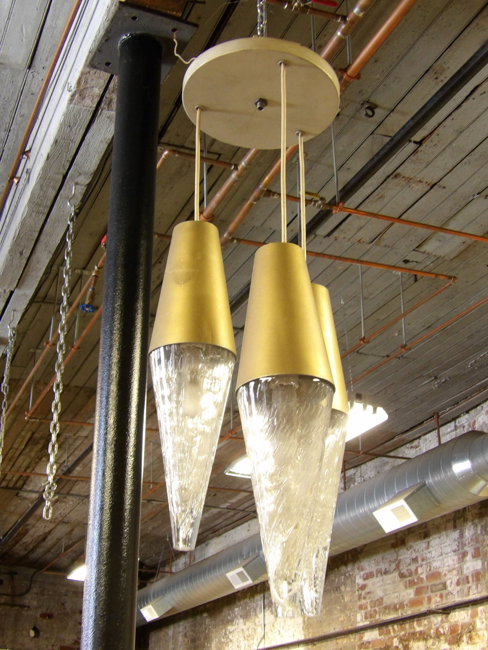 Mid Century pendant hanging fixture with three "Icicle" glass & aluminum hanging shades, chandelier: Mid Century pendant hanging fixture with three "Icicle" glass & aluminum hanging shades, chandelier is 33" tall, diameter is 13" (approximately)