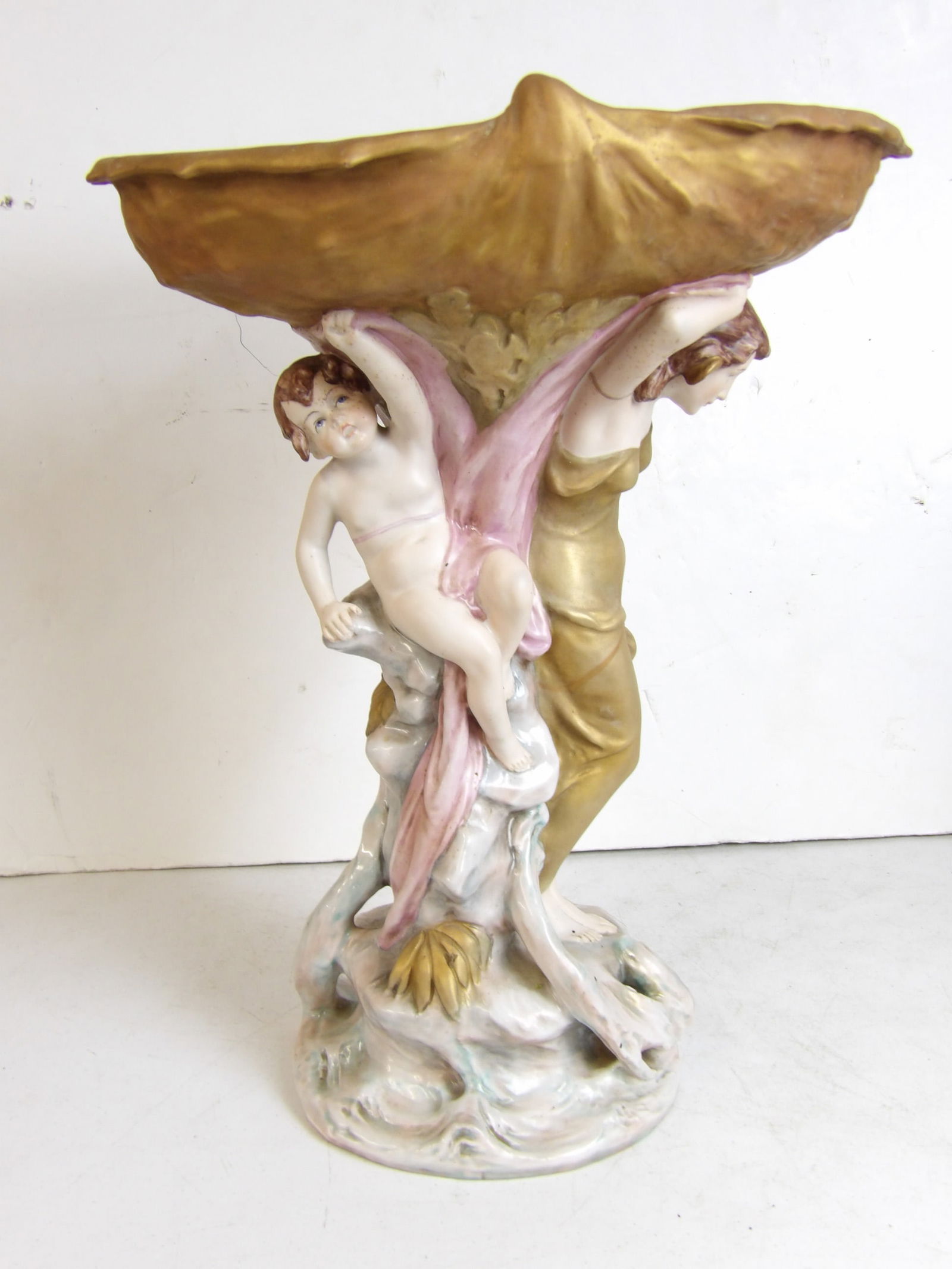 Royal Dux Art Nouveau porcelain figural centerpiece, nymphs supporting shell, height is 19.25" tall (1 of 6)