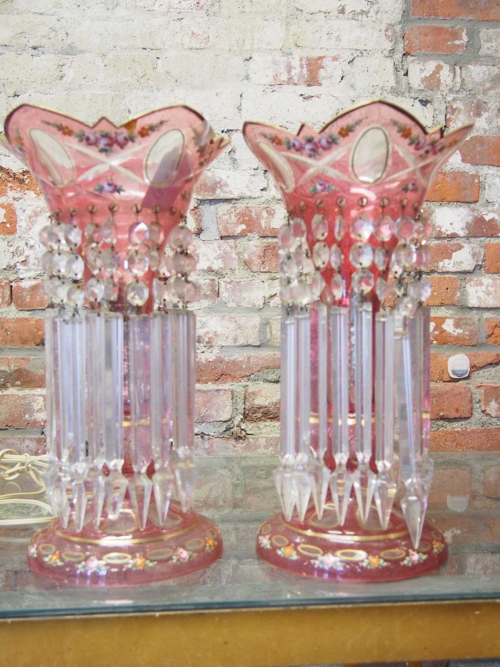 Pair of Victorian floral decorated cranberry glass compotes with hanging crystals, height is 16.25" (1 of 5)