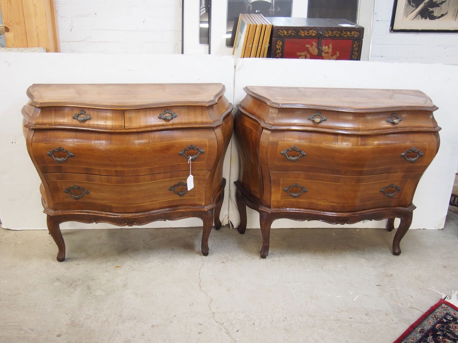 Pair small vintage Italian style bombe chests, 2 over two drawer, each chest is 39" wide, 16.5" deep (1 of 4)