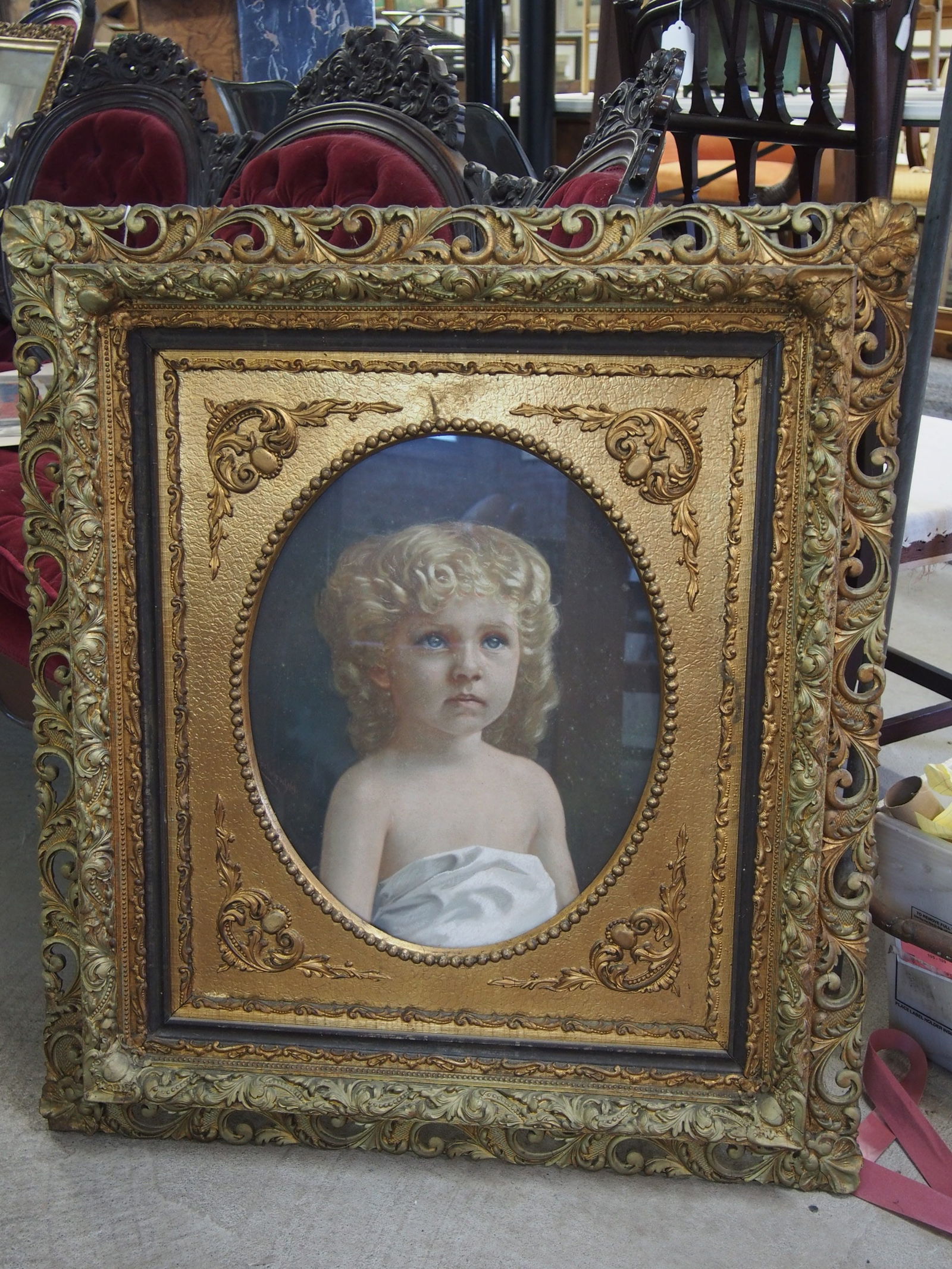 Painting, pastel portrait of a young girl, ornately framed, 19.25" by 15" (oval, sight), framed size (1 of 4)