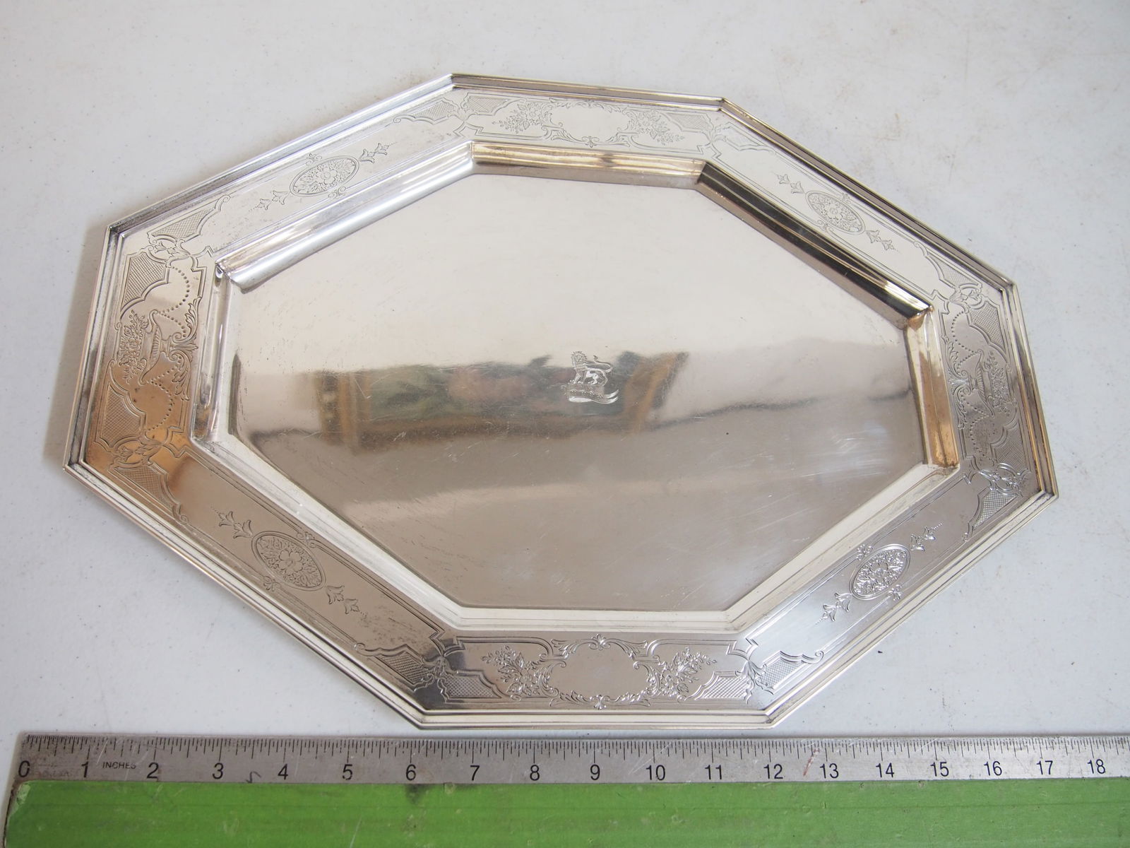 Sterling silver serving tray, octagonal, armorial lion in center, with decorative edge 44 troy, 12 5 (1 of 5)