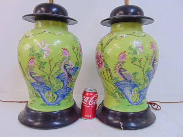 Pair large Chinese table lamps, in green with floral & phoenix bird decoration, with shades, height: Pair large Chinese table lamps, in green with floral & phoenix bird decoration, with shades, height as shown is 34", shades are as is, no finials.