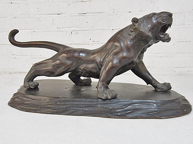 Japanese Meiji period bronze patinated tiger on wood base, signed, 21.5" long, 7" deep, height is (1 of 5)