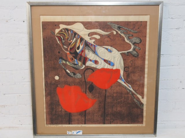Japanese wood block, Tadashi Nakayama, "Horse and Poppies", 1968, edition 23/65, print is 23.5" by (1 of 4)