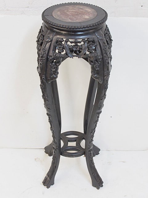 Chinese marble top plant stand, carved base with bird detail, height is 36" (1 of 4)