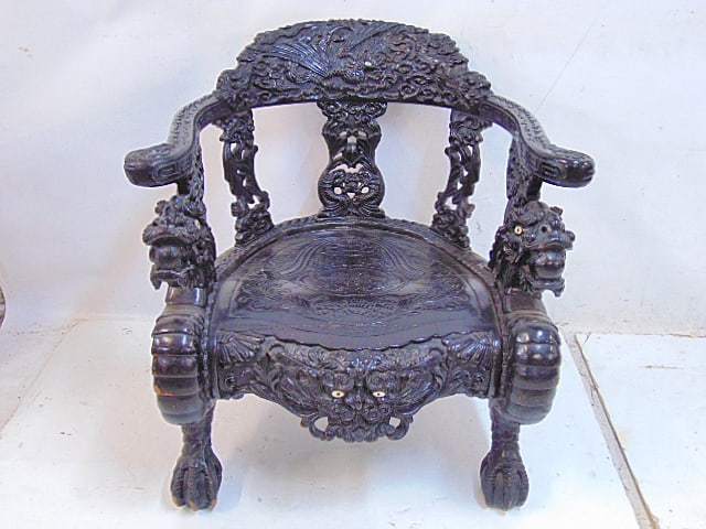Carved Chinese arm chair with carved seat & dragon arms, heavily carved back with bird pattern, (1 of 7)