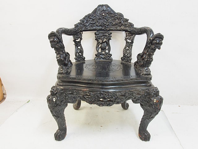 Chinese carved wood arm chair with dragon carved back, and bird carving in seat, mother of pearl (1 of 4)