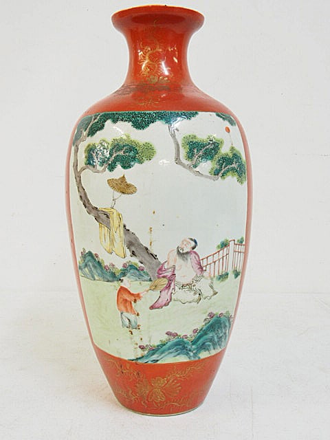 Chinese porcelain vase, decorated with figures & floral decorated, drilled, height is 14.25" (1 of 4)