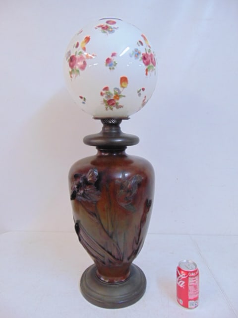 Large Japanese bronze vase, lamped, with bird & flower decorations, lamp is 22.25" tall, comes with (1 of 10)