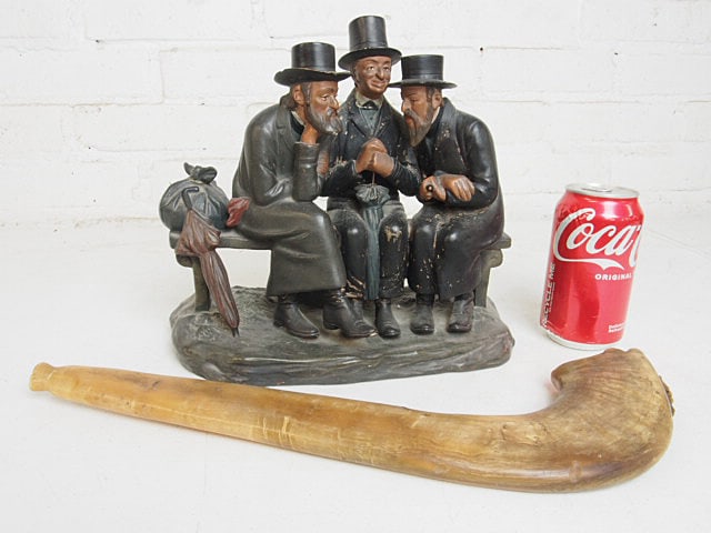 Czech terra cotta Judaica sculpture, 3 rabbis on a bench & rams horn, sculpture is 11" by 5.5",: Czech terra cotta Judaica sculpture, 3 rabbis on a bench & rams horn, sculpture is 11" by 5.5", height is 9.5" tall