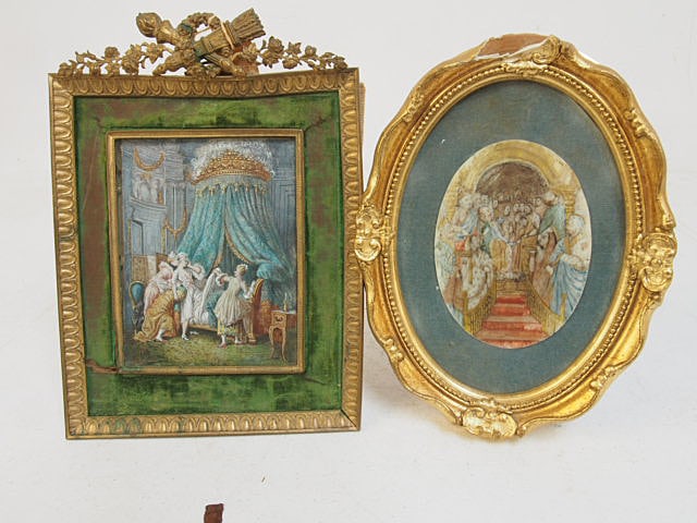 Two miniature paintings, lady with maids in elaborate bedroom, signed Bernet in bronze frame, 9" by (1 of 4)