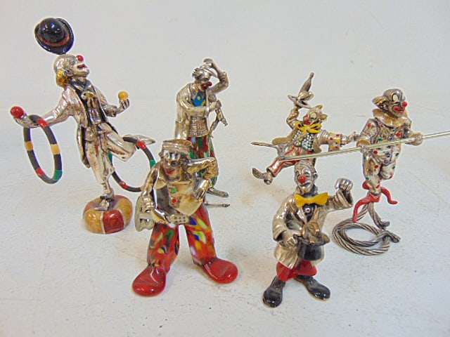 6 Pagliacci D'Argento clown sculptures by Vittorio Angini, silver & Murano glass, comes with two (1 of 8)