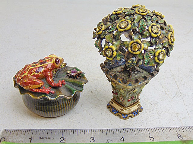 2 Jay Strongwater bronze boxes, tree form box & frog on lily pad box, with jeweled decorations, tree (1 of 7)