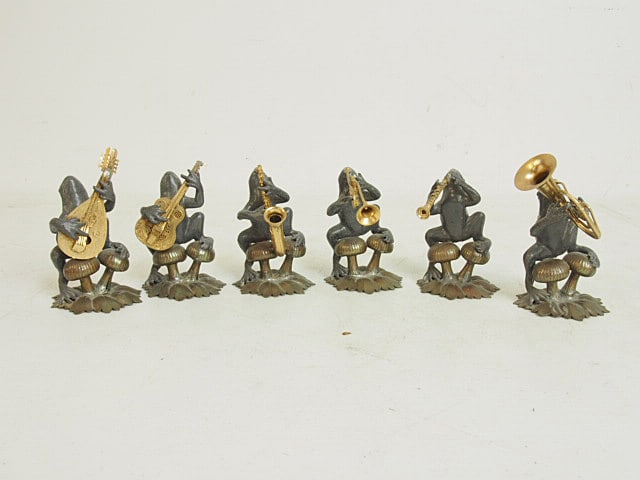 6 piece frog band, mixed metal, frogs seated on mushrooms playing various instruments, trumpets, (1 of 5)