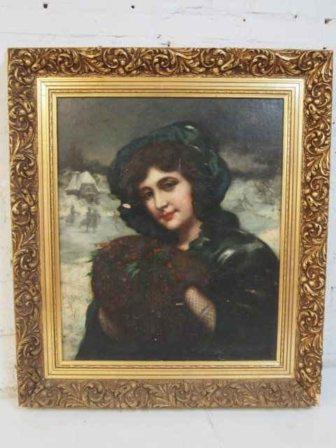 Painting, Maurice Jacquet, portrait lady, ice skaters in background, oil on canvas, canvas is 25.5": Painting, Maurice Jacquet, portrait lady, ice skaters in background, oil on canvas, canvas is 25.5" by 21.25", framed size is 33.75" by 29.5", note, painting has flaking issues, several small paint ch