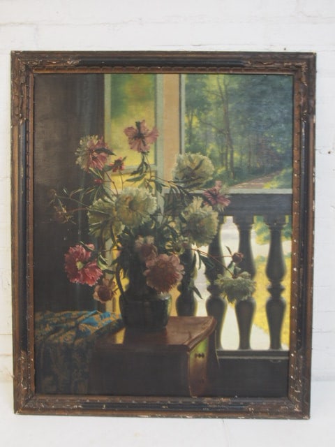 Painting, Wilhelm Andersen, Flowers by window overlooking garden, unsigned, label on reverse, oil on (1 of 6)