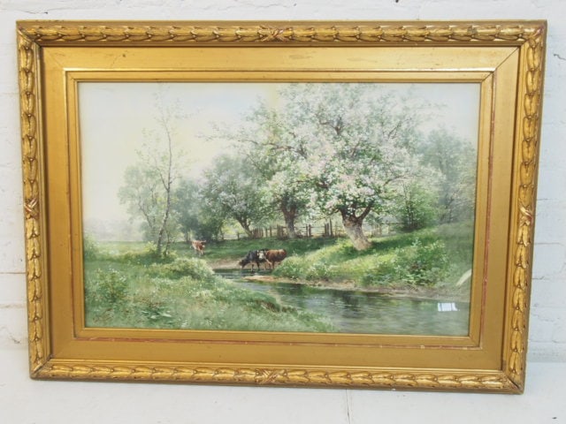 Painting, Carl Weber, cows by stream under blossom trees, in good gilt frame, watercolor, 17.7" by (1 of 5)