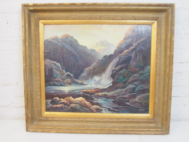 Painting, Frank Fellner, mountain scene with waterfall, oil on board, 20" by 24", framed size 28" by (1 of 5)