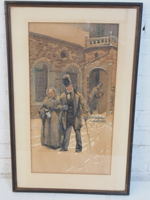 Painting, Alfred Kappes, man in top hat with lady, Charles Dickens style, watercolor, 22.5" by (1 of 5)