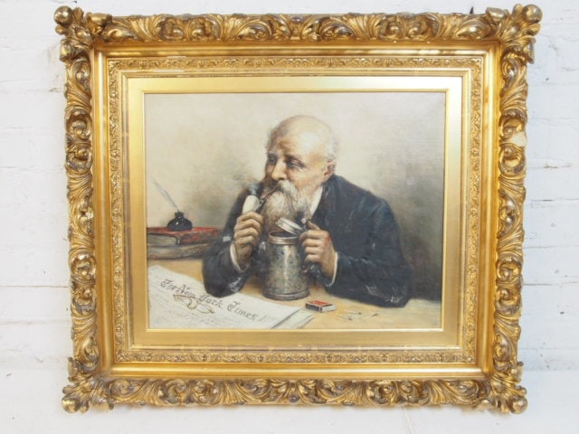 Painting, Ferdinand Stoopendaal, man reading New York Times, oil on canvas in ornate gilt frame,: Painting, Ferdinand Stoopendaal, man reading New York Times, oil on canvas in ornate gilt frame, signed initials "F.S.", canvas is 16" by 20", framed size is 25" by 29"