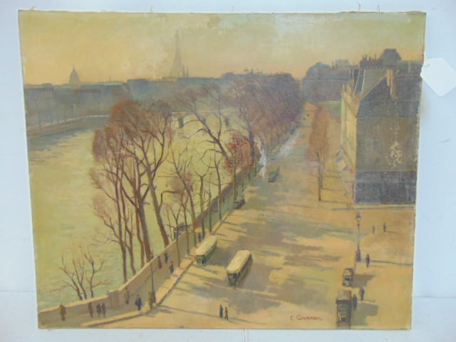Painting, Paris scene, signed E. Corneau, oil on canvas, showing Seine river with Eiffel tower in: Painting, Paris scene, signed E. Corneau, oil on canvas, showing Seine river with Eiffel tower in distance, 23.75" by 28.75", has white stains, needs cleaning.
