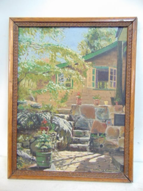 Painting, W. Stuart Archibald, "Sunlit Garden", stone steps in garden looking towards house, oil on: Painting, W. Stuart Archibald, "Sunlit Garden", stone steps in garden looking towards house, oil on canvas board, 16" by 12", with Chappaqua Arts Guild label