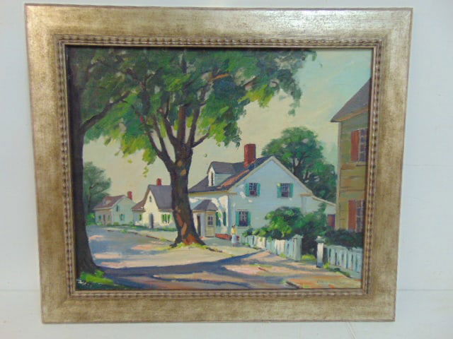 Painting, Carol Hayden, houses in tree lined street, oil on canvas, canvas is 20" by 24", framed: Painting, Carol Hayden, houses in tree lined street, oil on canvas, canvas is 20" by 24", framed size is 25.75" by 25.75"
