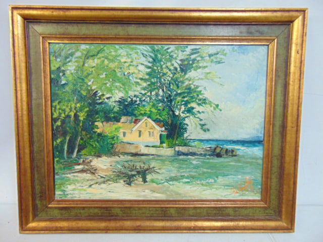 Painting, horse by bay, signed Fiedling Babb, oil on canvas, 15" by 20.5", framed size is 21.75" by (1 of 4)