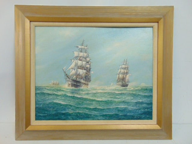 Painting, "Yankee Whalers", by G. Arnold, oil on canvas board, 16" by 20", framed size is 22.75" by (1 of 5)