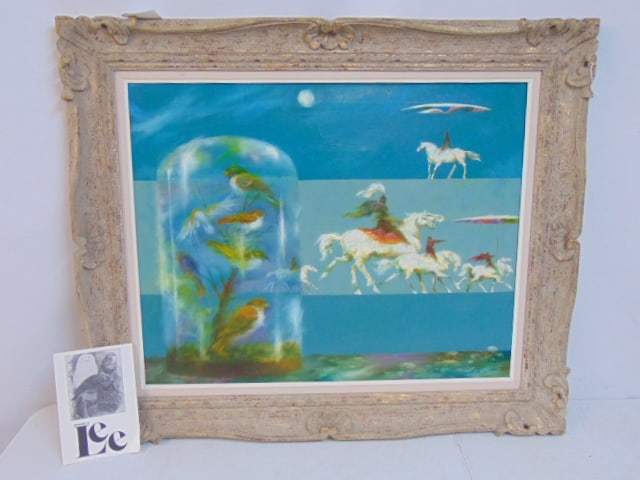 Painting, Robert J. Lee, "Bell Jar with Horsemen", surreal scene with domed birds & figure on: Painting, Robert J. Lee, "Bell Jar with Horsemen", surreal scene with domed birds & figure on horseback, oil on canvas, 24" by 30", framed size is 32.25" by 38.25"