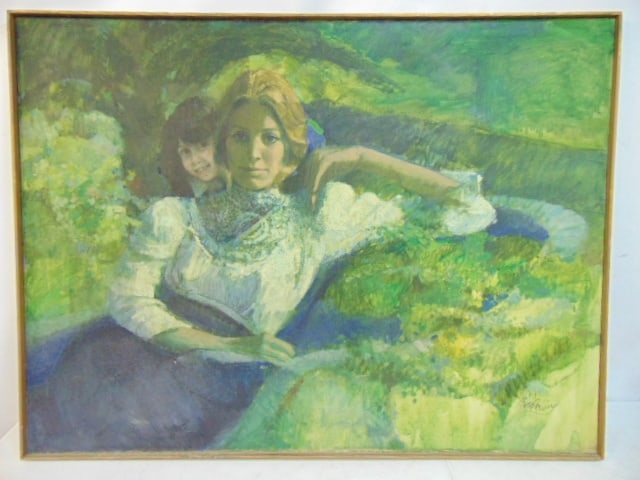 Painting, mother & daughter, signed Bob Albury, Alburg (??? see images for signature), oil on (1 of 4)