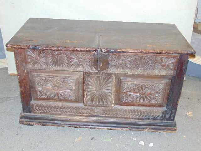 Antique carved chest, carved front lid with strap hinges, chest is 46" by 21", height is 26.5" (1 of 5)