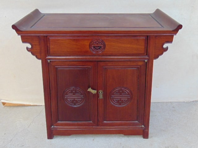 Small Asian rosewood cabinet, single drawer over two doors, cabinet is 33.25" by 16.25", height is (1 of 4)