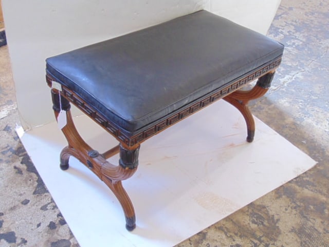 Piano bench, carved and painted base, black upholstered seat, bench is 30" by 15.75", height is (1 of 4)