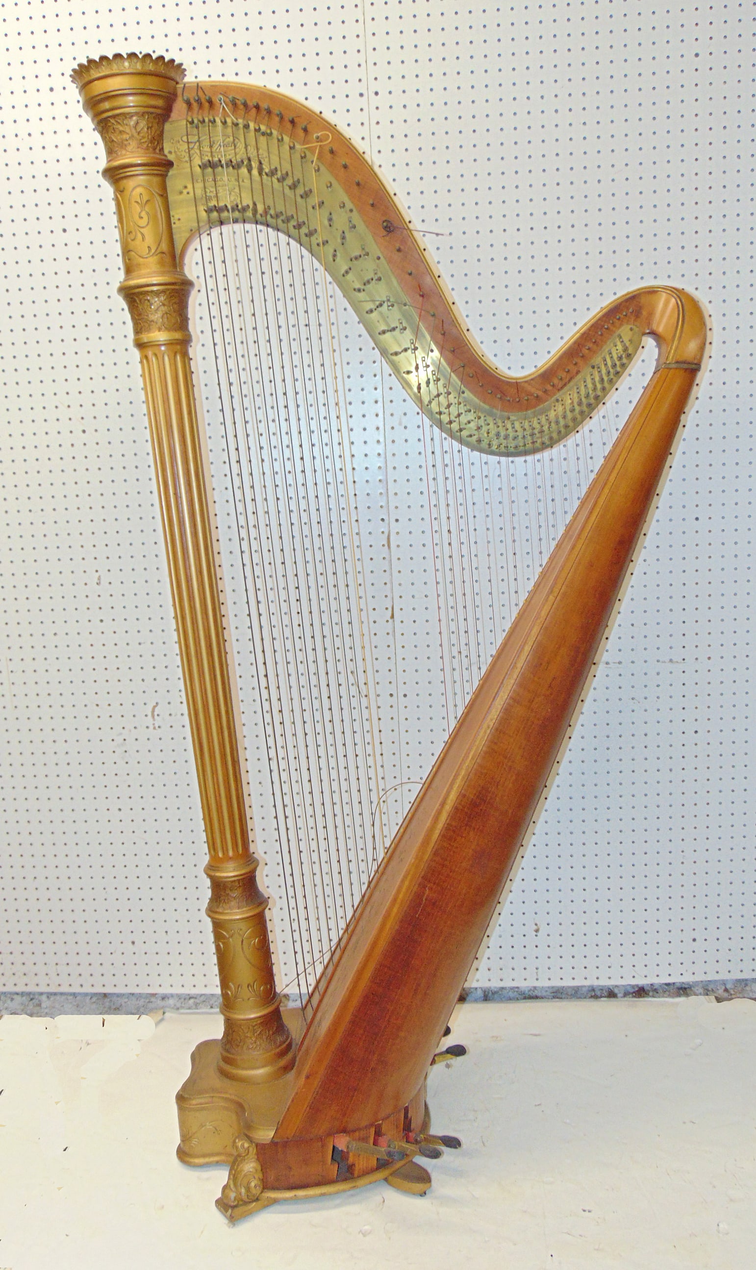 Harp, by Lyon & Healy, Chicago, gilt and paint decorated pedal harp, Number 3589, several strings (1 of 15)