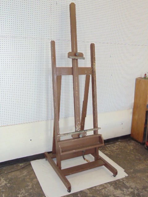 Early easel, with shelf for brushes, paint, crank operated, height as shown is 94" (1 of 4)