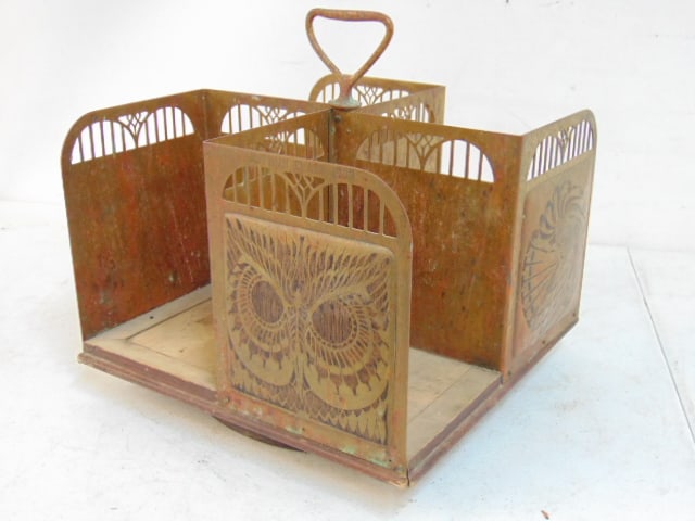 Arts & crafts rotating table top book shelf, copper & wood, copper sides decorated with owl &* (1 of 6)