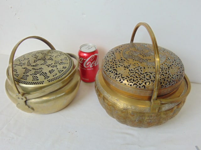 2 Chinese incense or warmers, in brass with decorative reticulated lids & double handles, 8.25" & (1 of 9)