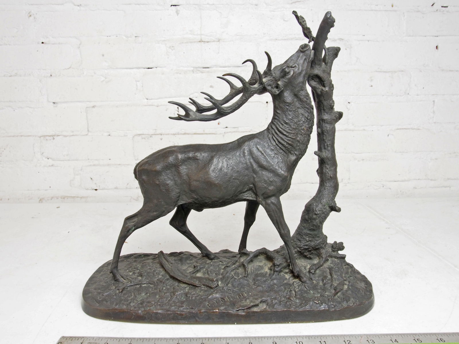 Bronze, elk by tree, P.J. Mene, base is 15.25" by 7", height is 14.5" (1 of 5)