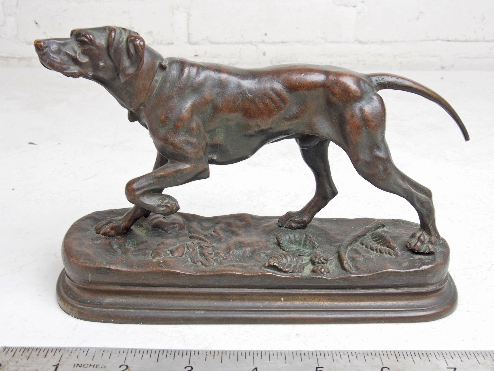 Bronze dog, pointer, signed J. Moigniez, base is 3" by 7 7/8", height is 5" (1 of 5)
