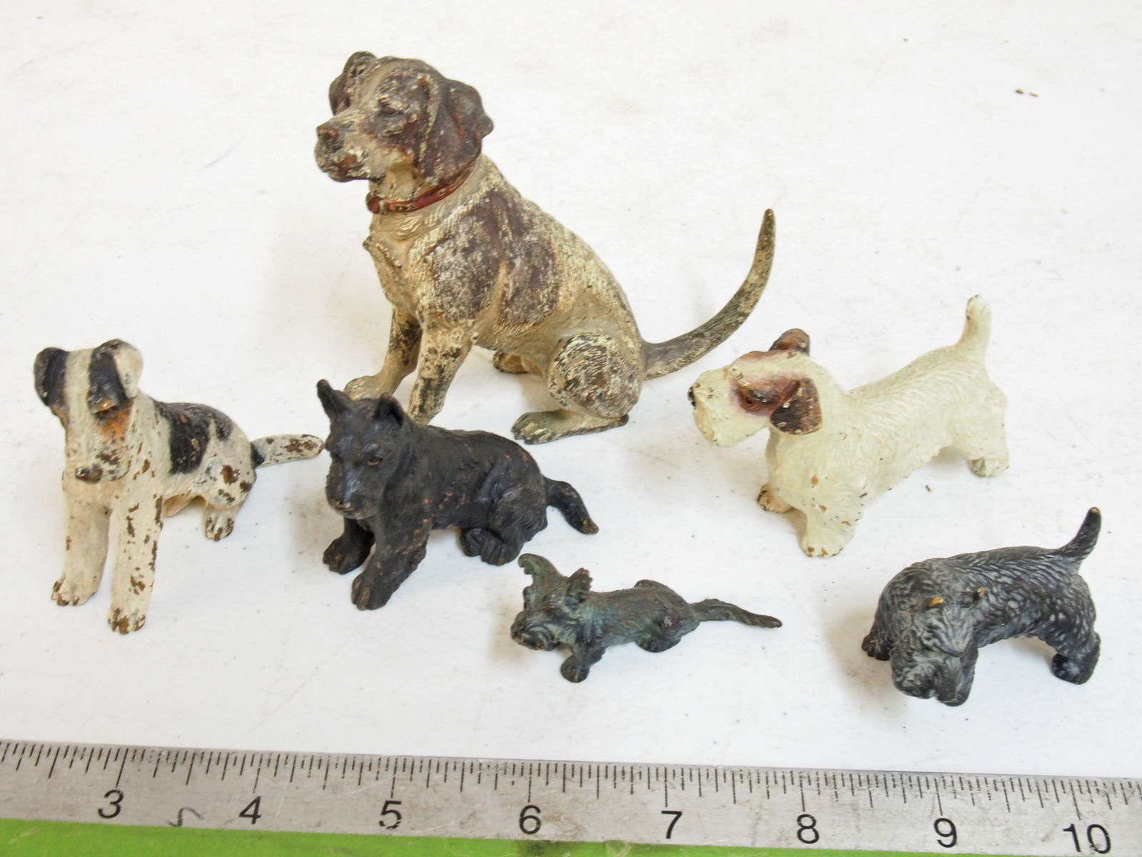 6 small cold painted bronze dogs, largest dog is 4" wide, 4" tall (1 of 4)