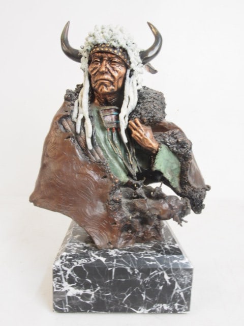 Bronze sculpture by David lemon, "Vacant Thunder", Native American with buffalo headdress, on (1 of 6)
