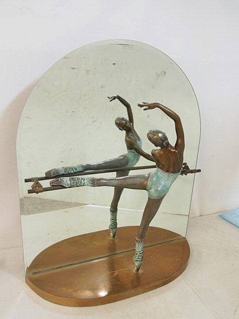 Bronze sculpture by Ramon Parmenter, "At the Barre" or "The Warm Up", mirrored back, 41/74", 1987,: Bronze sculpture by Ramon Parmenter, "At the Barre" or "The Warm Up", mirrored back, 41/74", 1987, sculpture is 28.25" wide, 33.75" tall, good condition